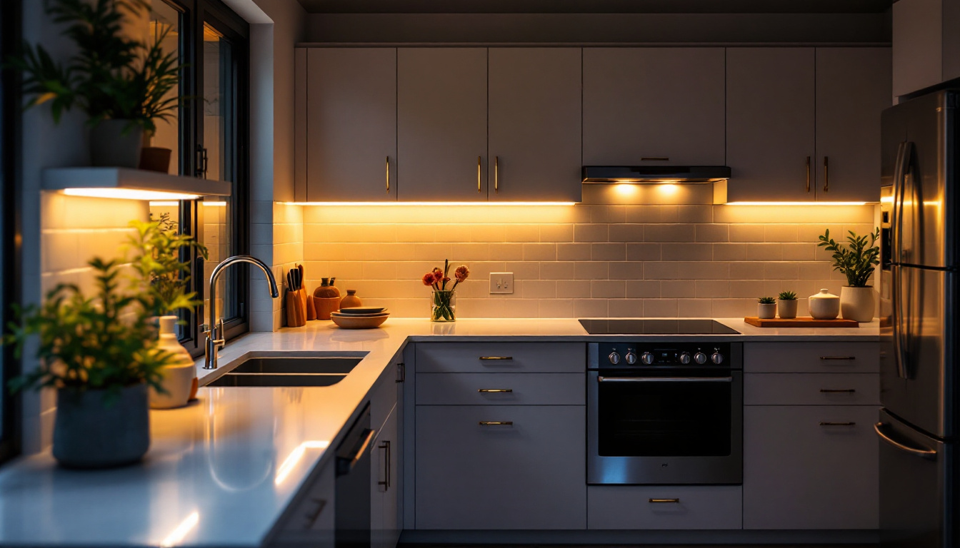 A photograph of a beautifully illuminated kitchen showcasing under cabinet led lighting