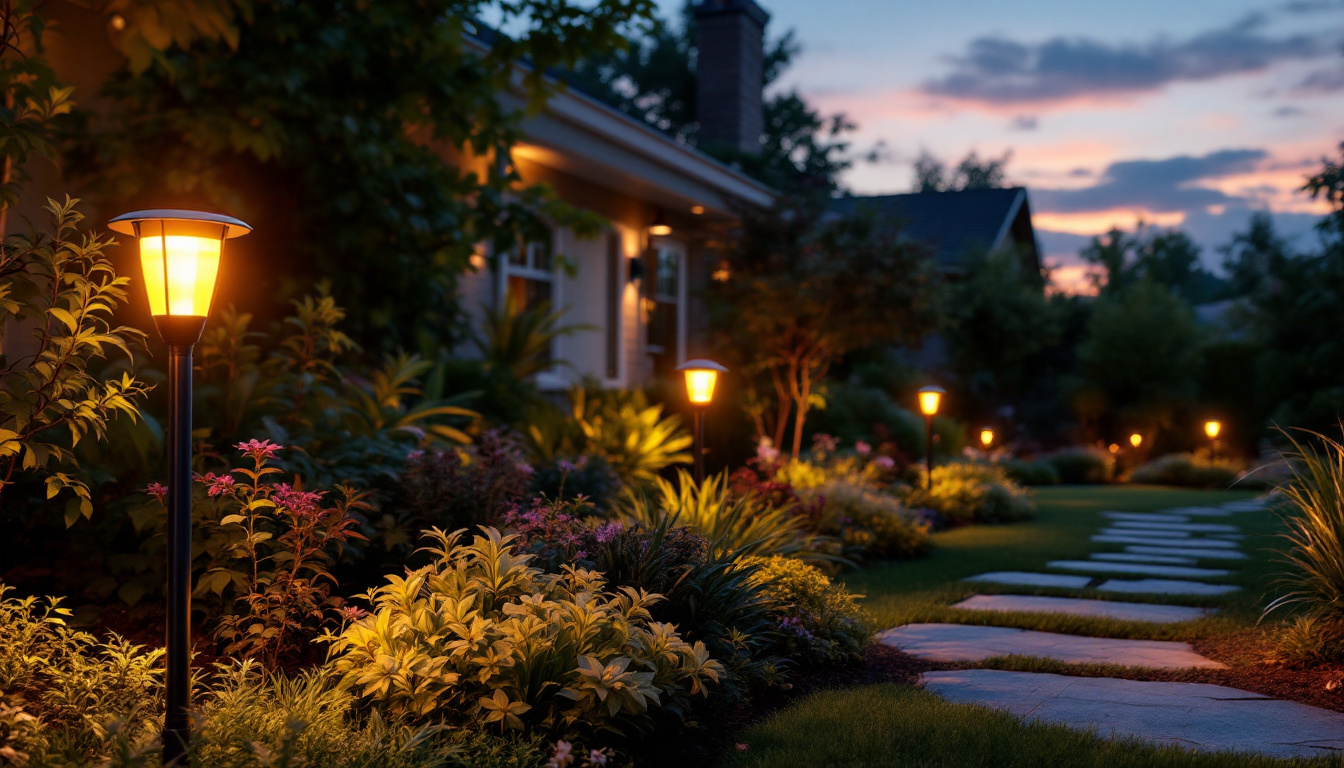 A photograph of a beautifully illuminated backyard scene at dusk