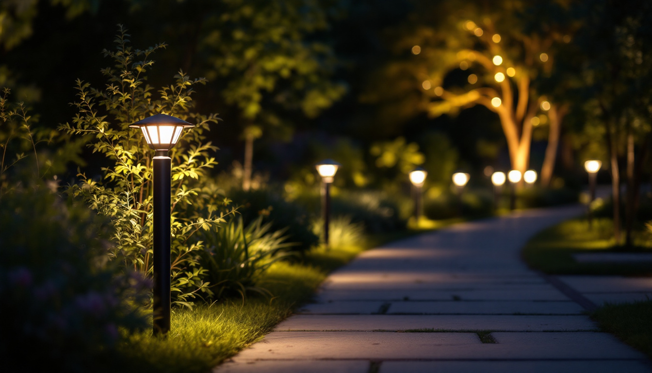 A photograph of a beautifully illuminated outdoor space featuring multiple led post lights installed along a pathway or in a garden setting