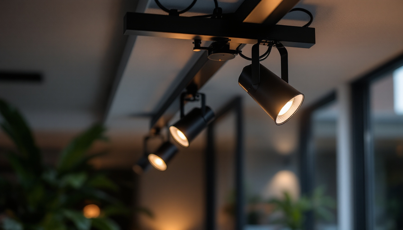 A photograph of a stylish track lighting fixture installed in a modern interior space