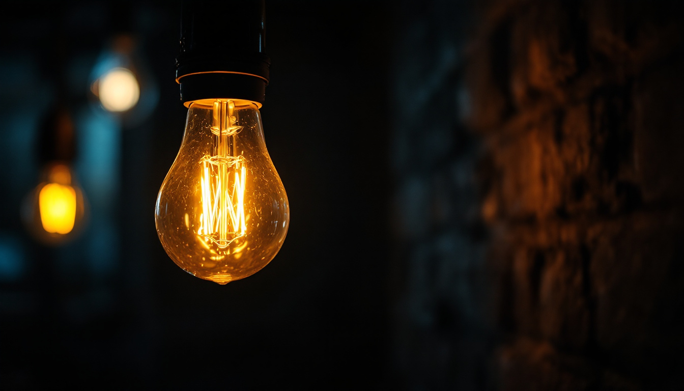 A photograph of a close-up shot of a flickering light bulb in a dimly lit environment