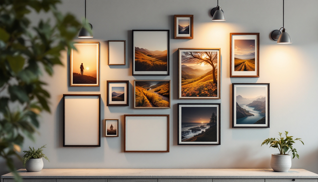 A photograph of a beautifully arranged photo wall featuring various framed pictures illuminated by stylish wall lights