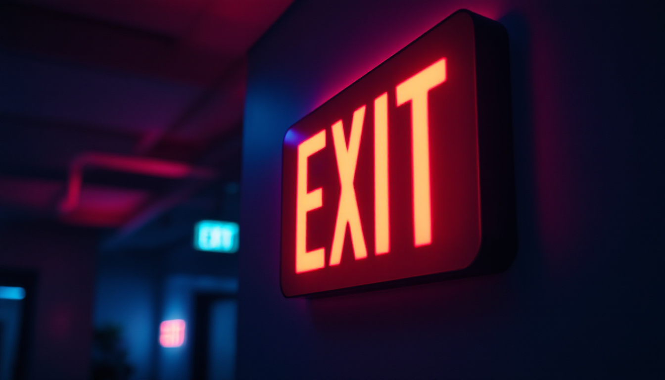 A photograph of a sleek edge-lit exit sign illuminated in a dimly lit environment
