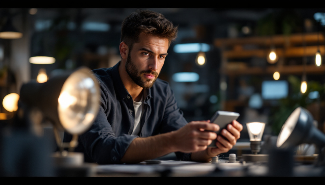 A photograph of a well-lit workspace featuring an electrical engineer analyzing different sizes of light fixtures