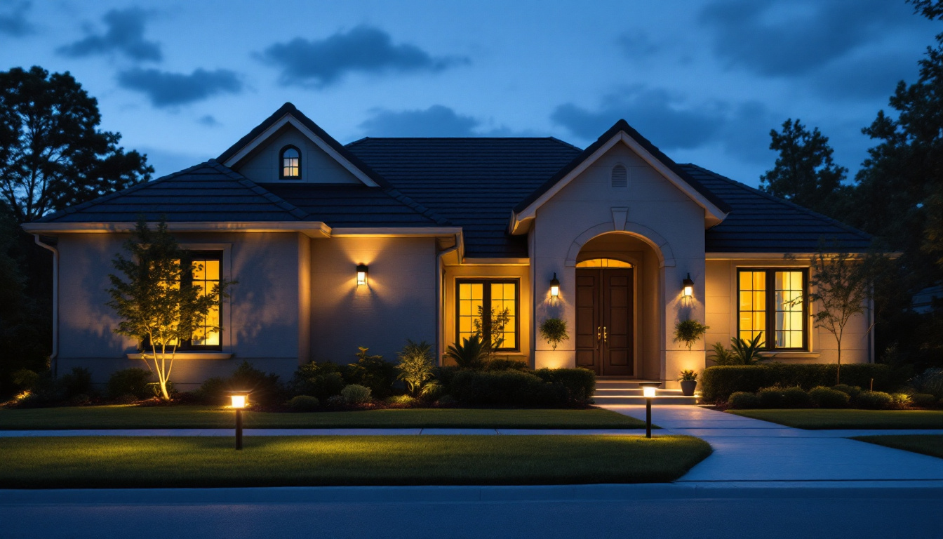 A photograph of a well-lit residential exterior featuring various types of security lights in action
