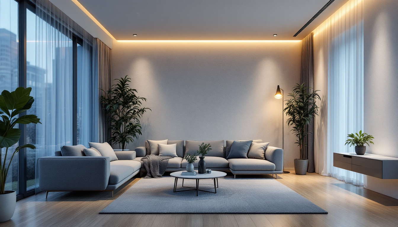 A photograph of a modern living space featuring recessed lighting cans in various settings