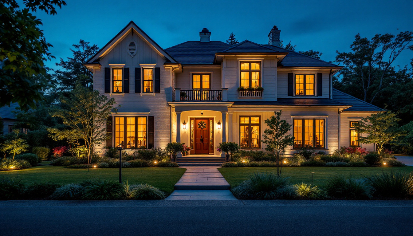 A photograph of a beautifully illuminated house at dusk