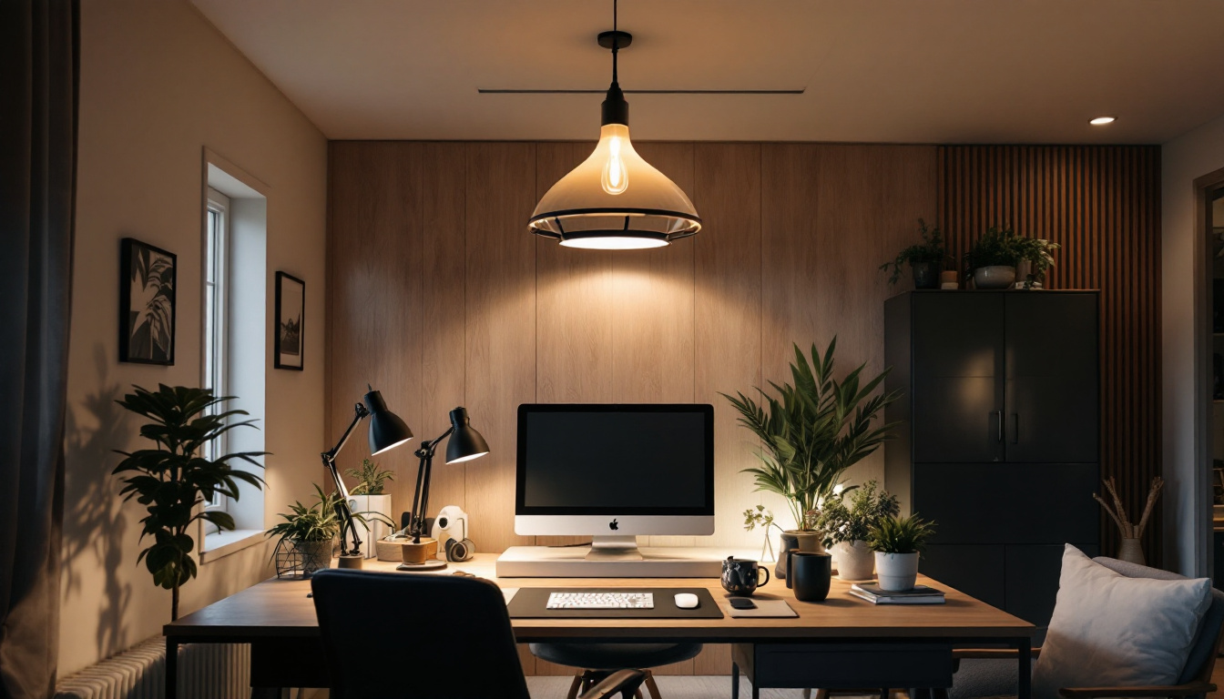 A photograph of a well-designed home office featuring a stylish ceiling light fixture that highlights the workspace