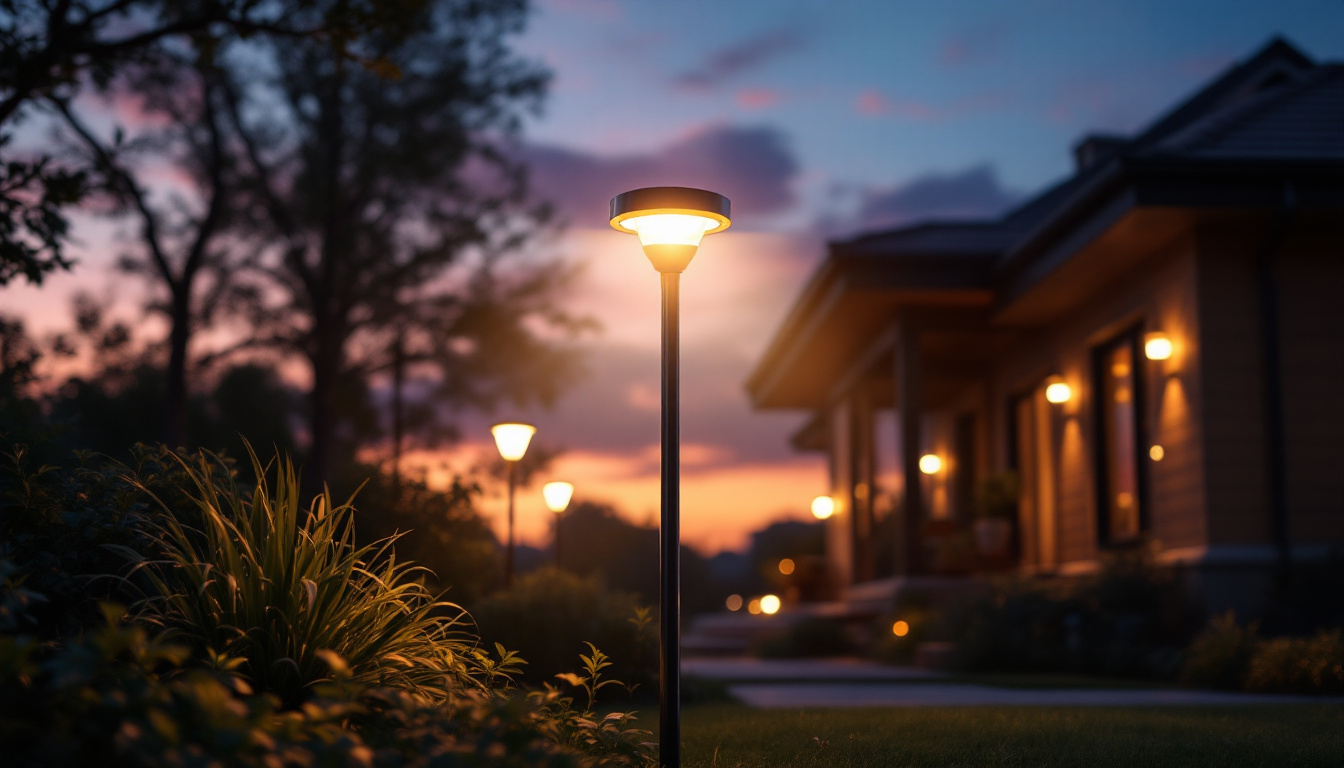 A photograph of a beautifully illuminated outdoor space featuring a solar light post in action