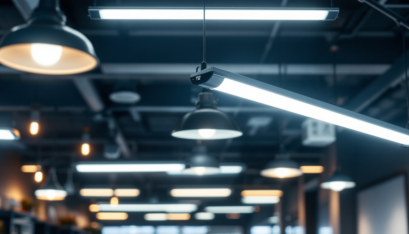 A photograph of a well-lit interior space showcasing various t12 lighting fixtures in use