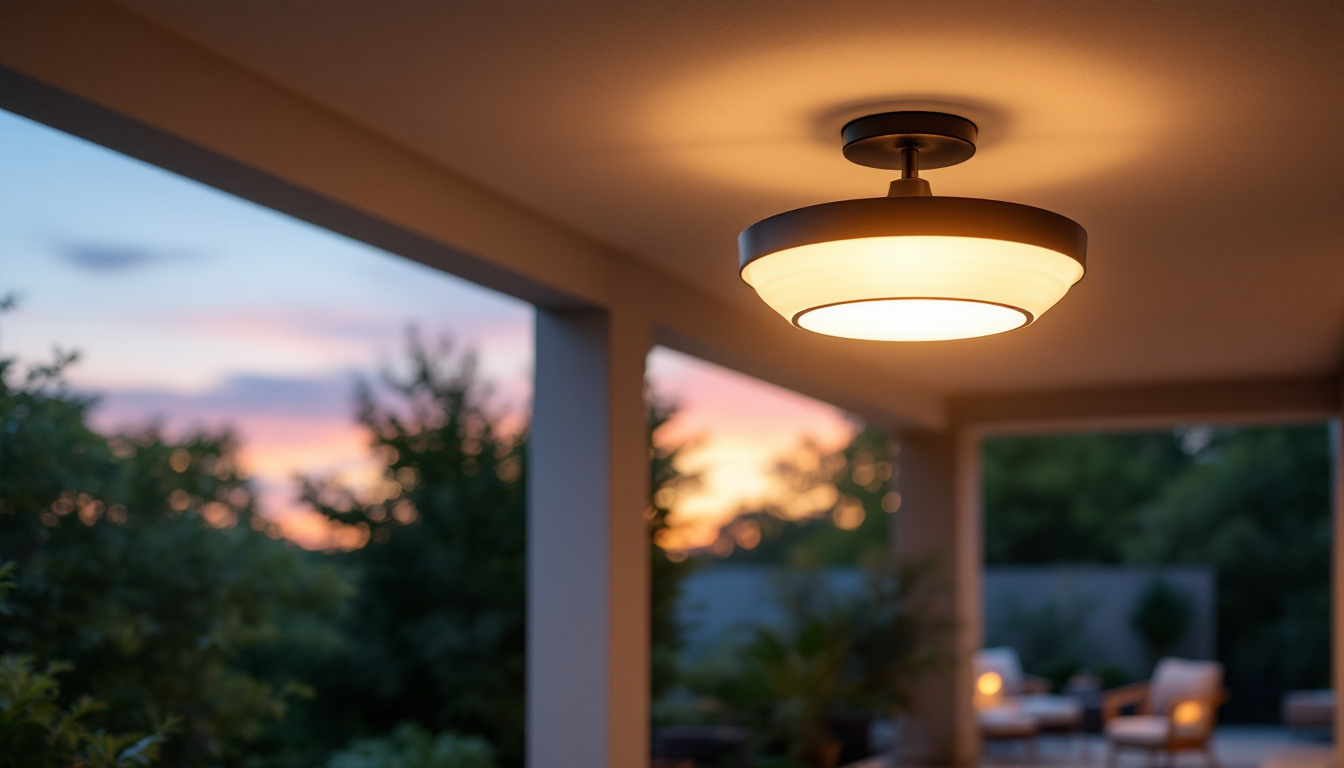 A photograph of a beautifully designed outdoor ceiling mount light installed in a picturesque outdoor setting