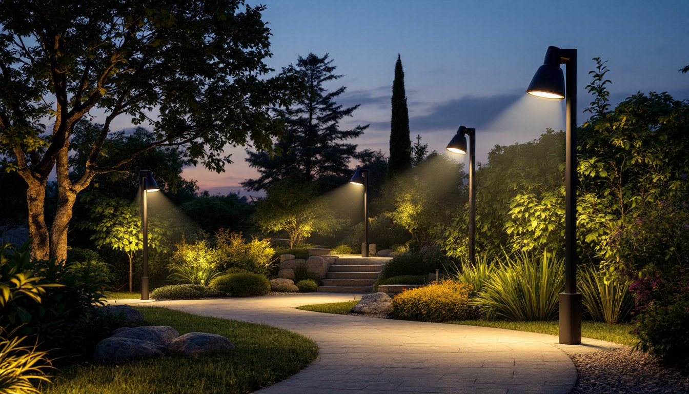 A photograph of a well-lit outdoor space showcasing various top-rated flood lights in action