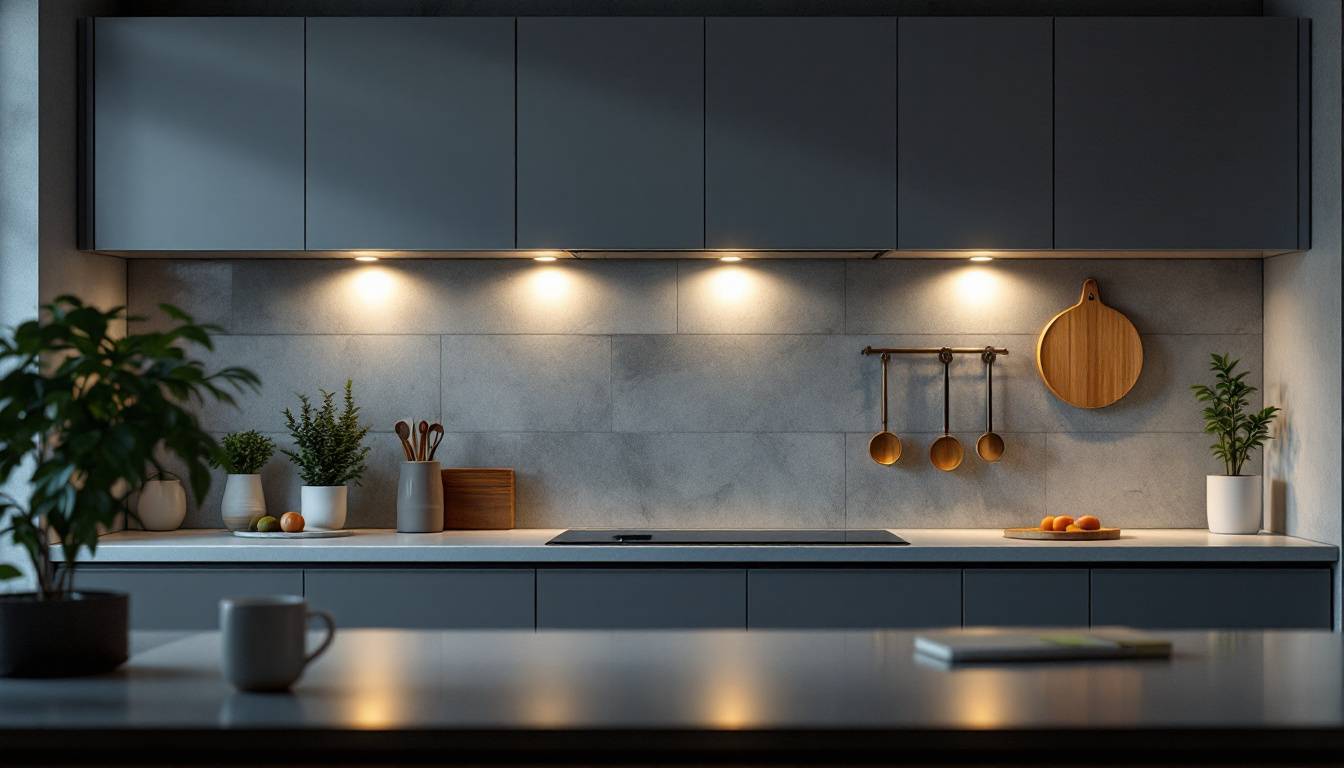 A photograph of a stylish kitchen featuring led under cabinet spotlights illuminating the workspace