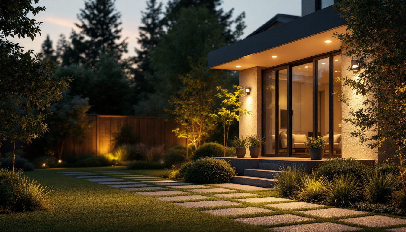 A photograph of a well-lit outdoor scene featuring 120-volt spotlights highlighting architectural features or landscaping