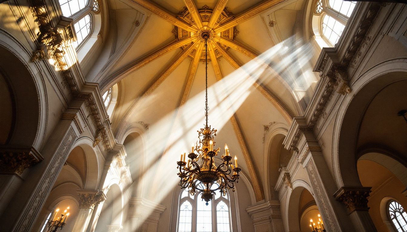 A photograph of a stunning cathedral ceiling with an elegant chandelier