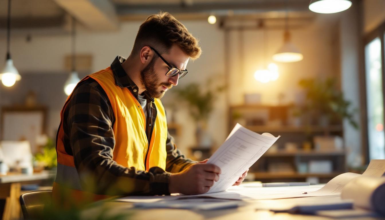 A photograph of a well-lit workspace featuring an engineer reviewing blueprints and lighting fixtures