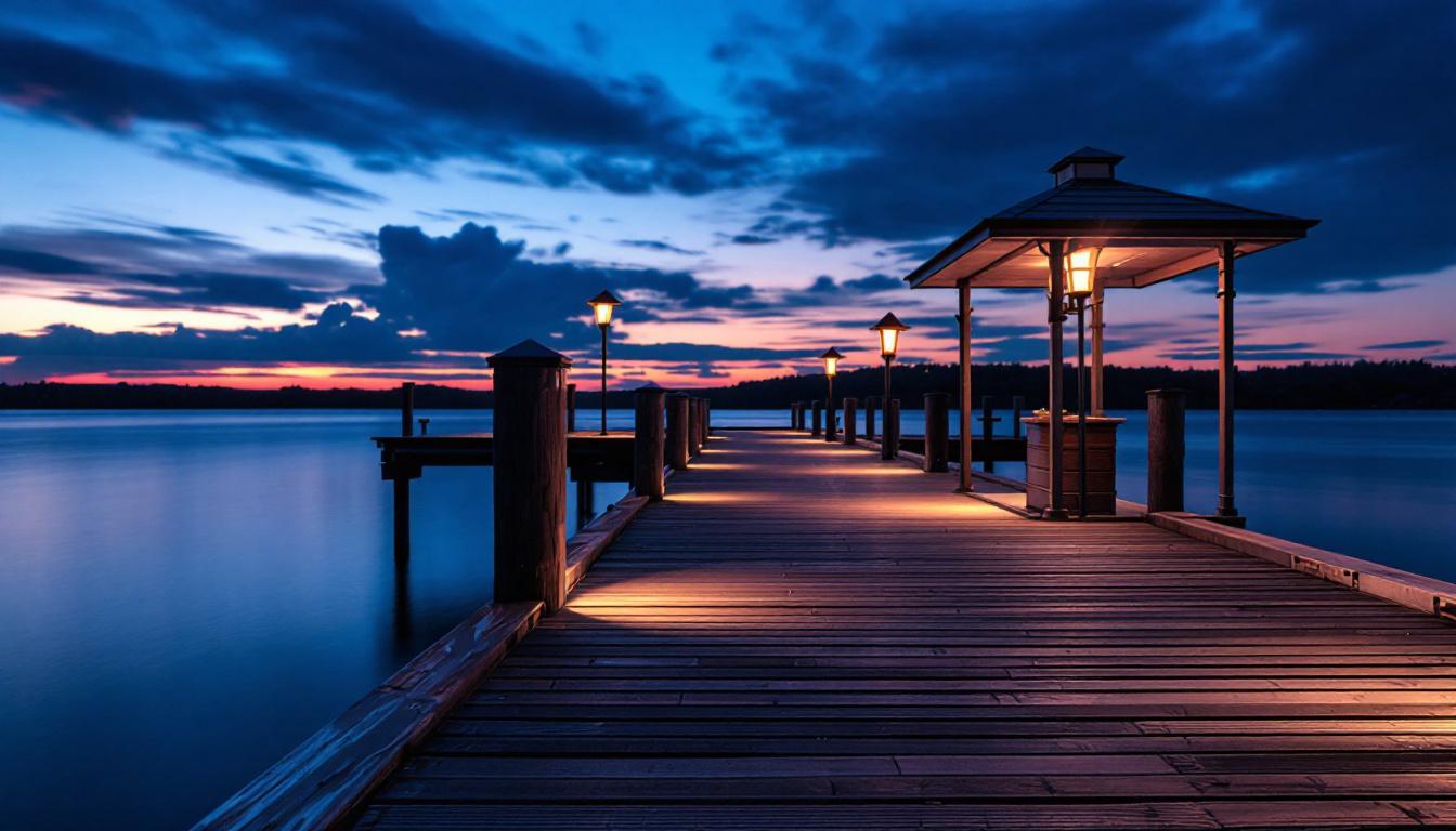 A photograph of a beautifully lit exterior dock at twilight