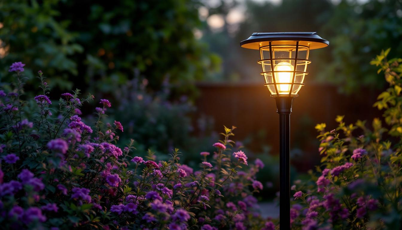 A photograph of a beautifully illuminated tall garden light powered by solar energy