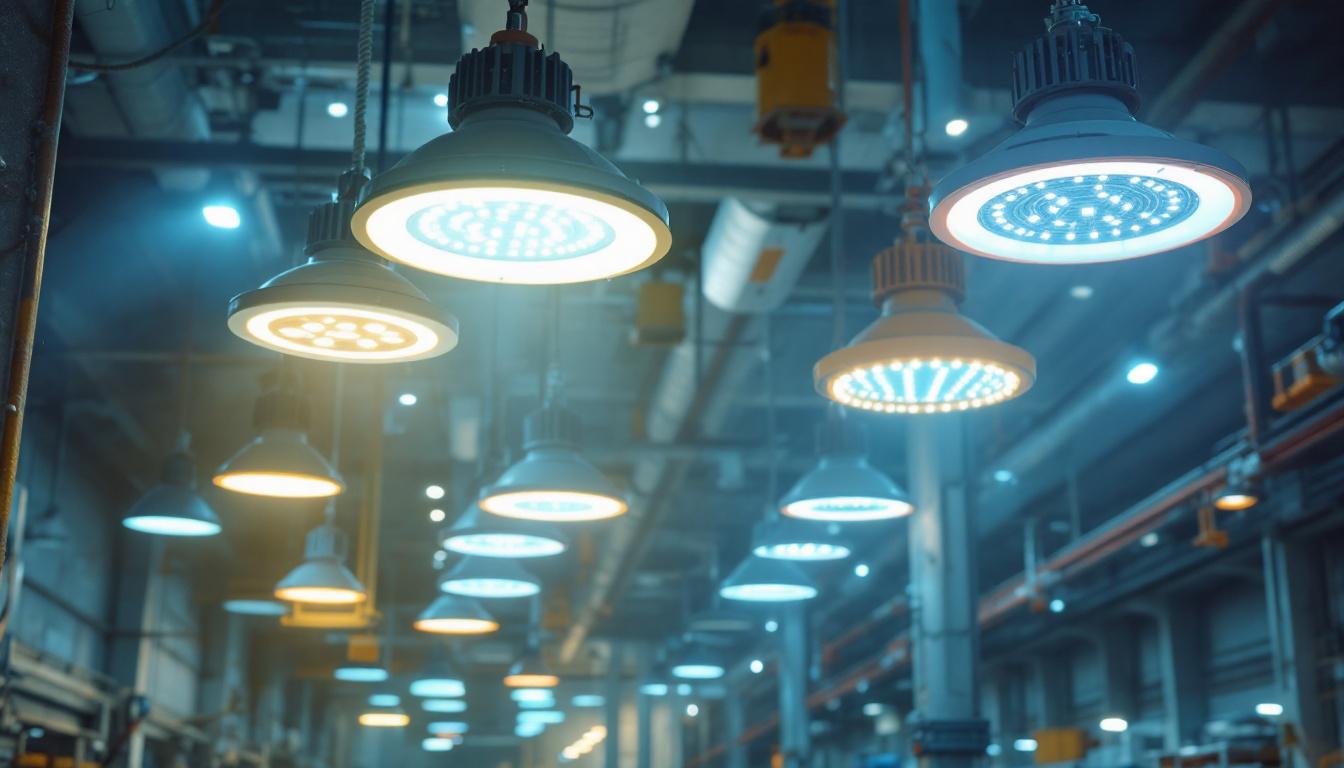 A photograph of a large-scale industrial lighting installation showcasing various types of led fixtures in use