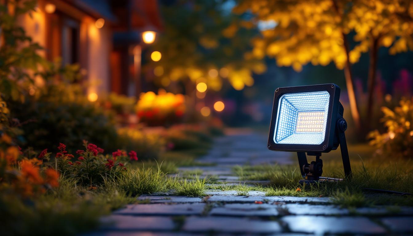 A photograph of a vibrant outdoor scene illuminated by a 300w led flood light at dusk