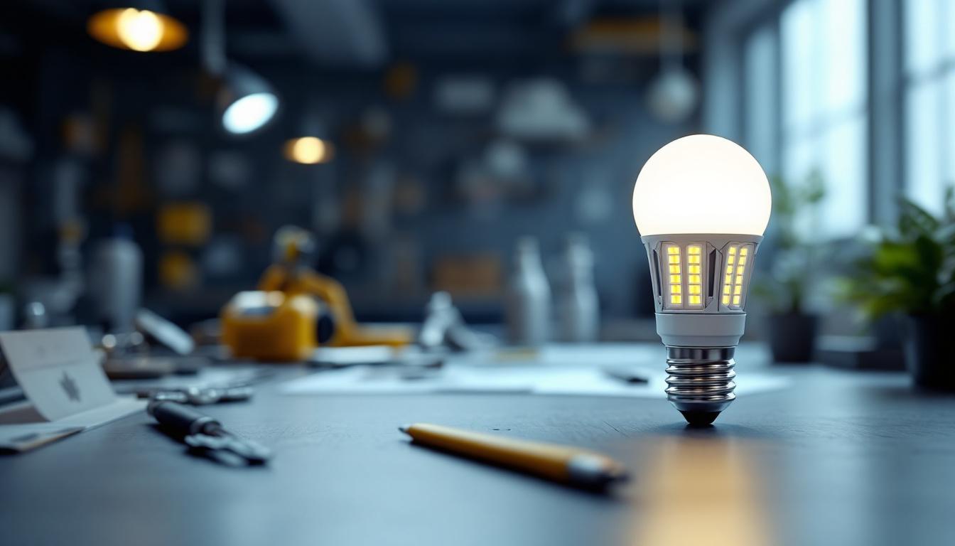 A photograph of a type g led light bulb in a well-lit engineering workspace