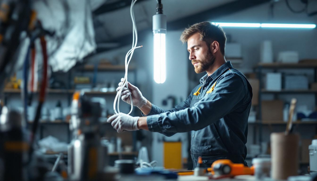 A photograph of a skilled electrician demonstrating the step-by-step process of connecting a fluorescent lamp