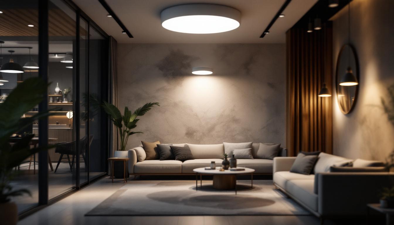 A photograph of a stylish interior space showcasing both industrial and commercial lighting designs