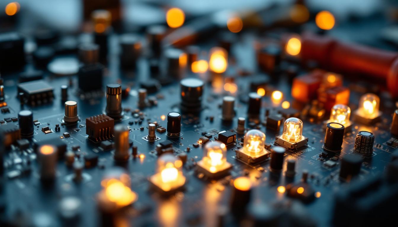 A photograph of a close-up shot of a circuit board with multiple led lights illuminated