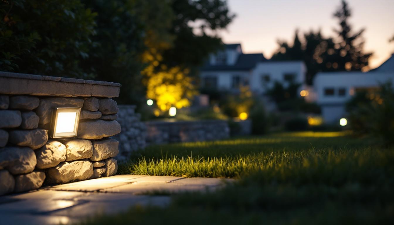 A photograph of a well-lit outdoor scene featuring mini led flood lights illuminating a landscaped area