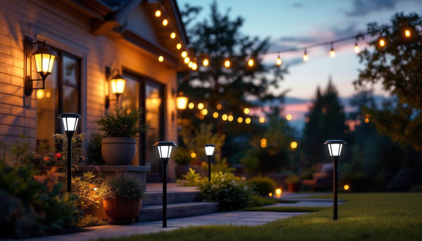 A photograph of a beautifully illuminated patio at dusk