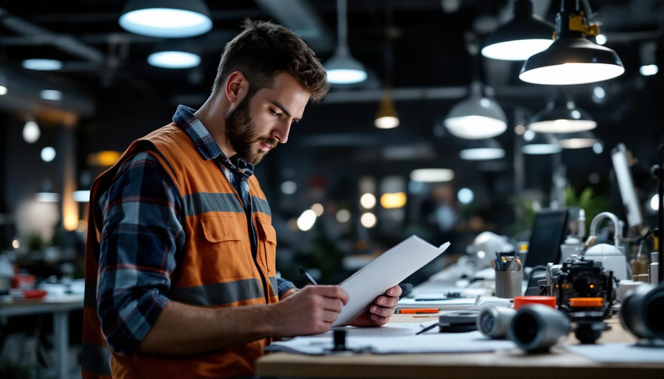 A photograph of a lighting engineer meticulously reviewing a detailed checklist while inspecting various types of commercial lighting fixtures in a well-lit