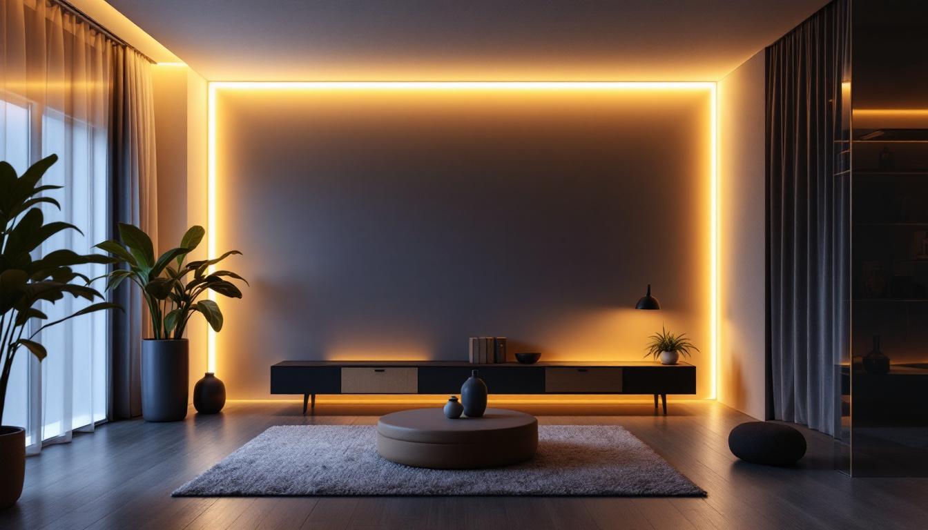 A photograph of a beautifully illuminated space featuring a 10 ft led light strip creatively integrated into modern decor