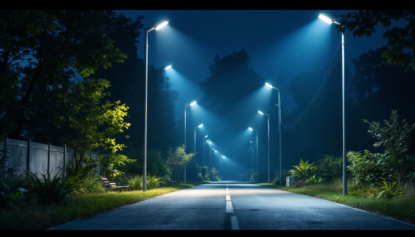 A photograph of a well-lit outdoor scene showcasing various floodlight fixtures in use