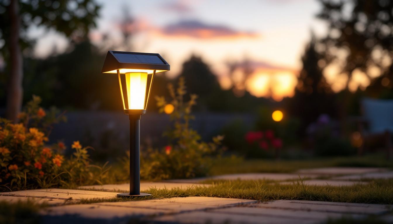 A photograph of a solar lamp illuminated at dusk