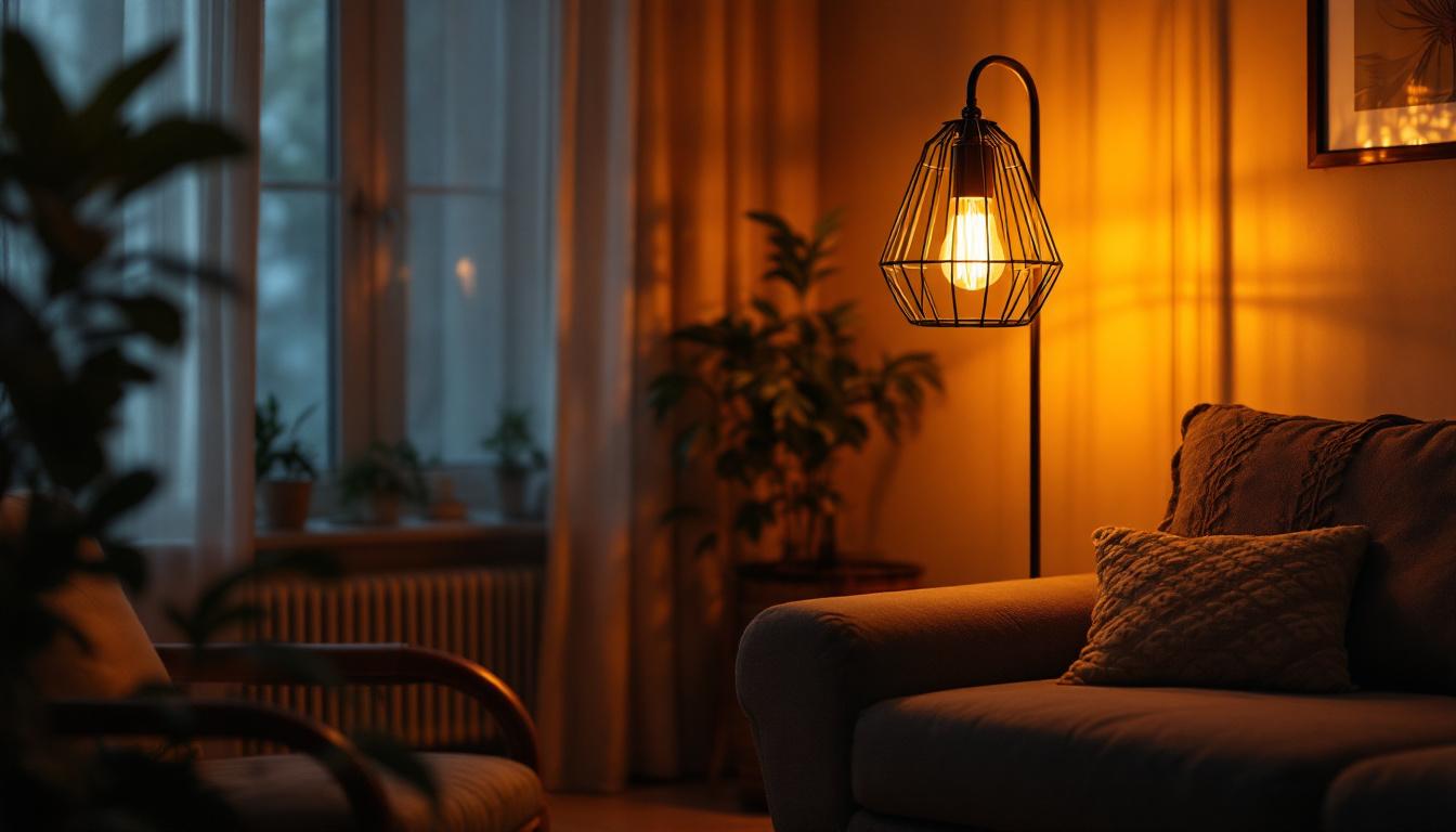 A photograph of a stylish cage floor lamp in a cozy living space