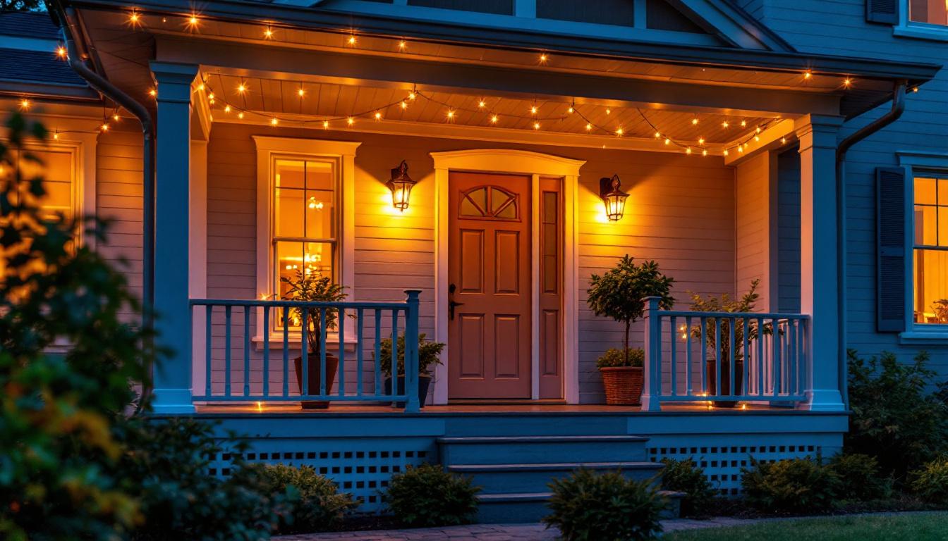 A photograph of a beautifully illuminated house porch at dusk
