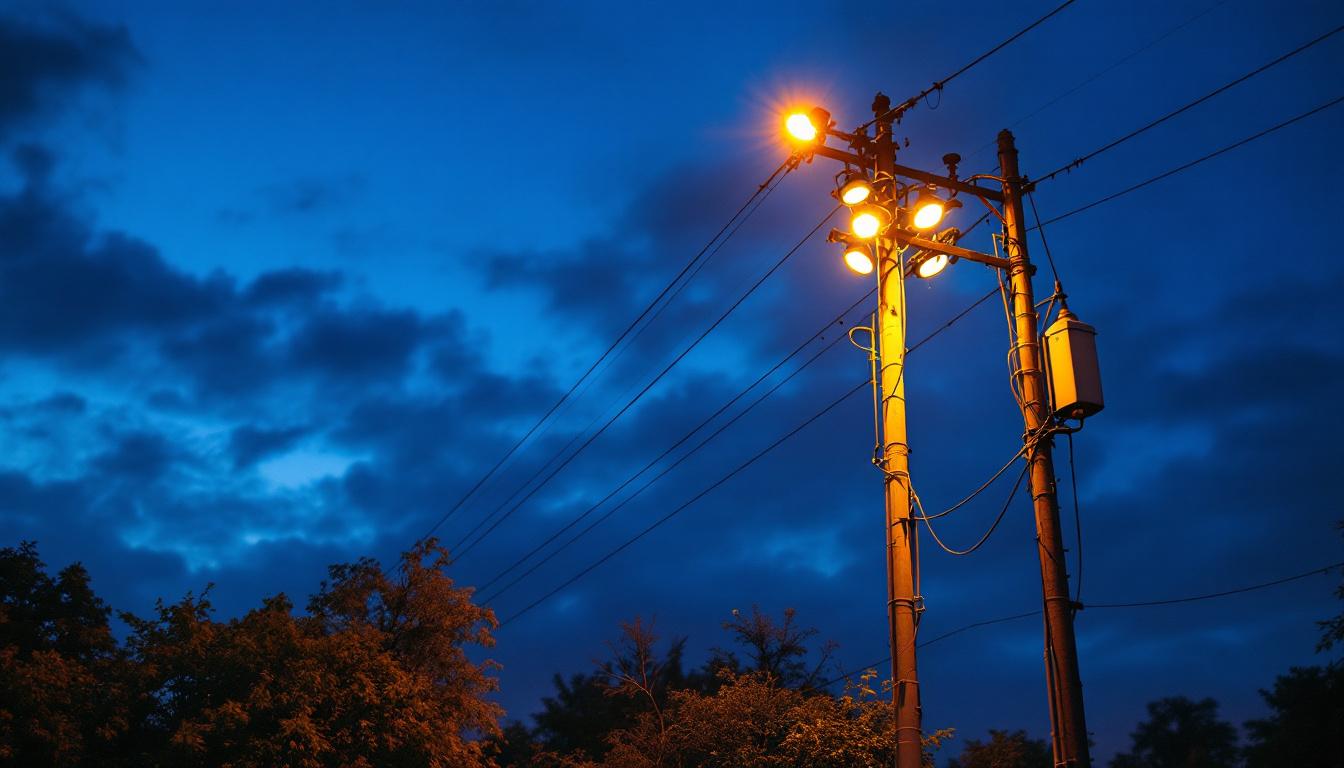 A photograph of a tall light pole illuminated at dusk