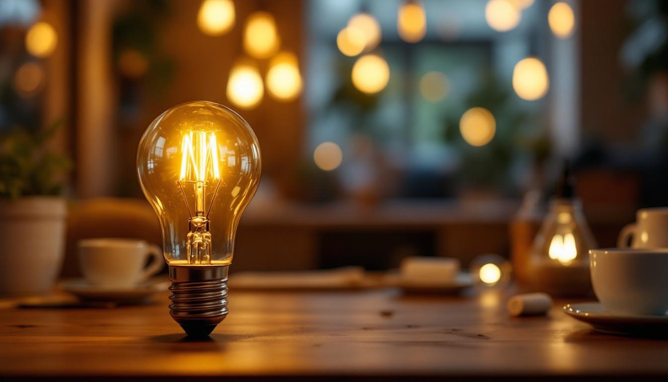 A photograph of a 120v 60w light bulb in a cozy home setting