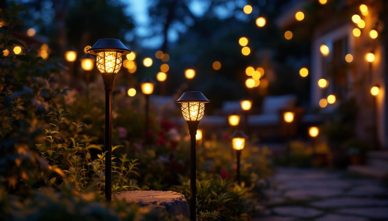 A photograph of a beautifully illuminated outdoor setting featuring battery-operated solar lights in various styles