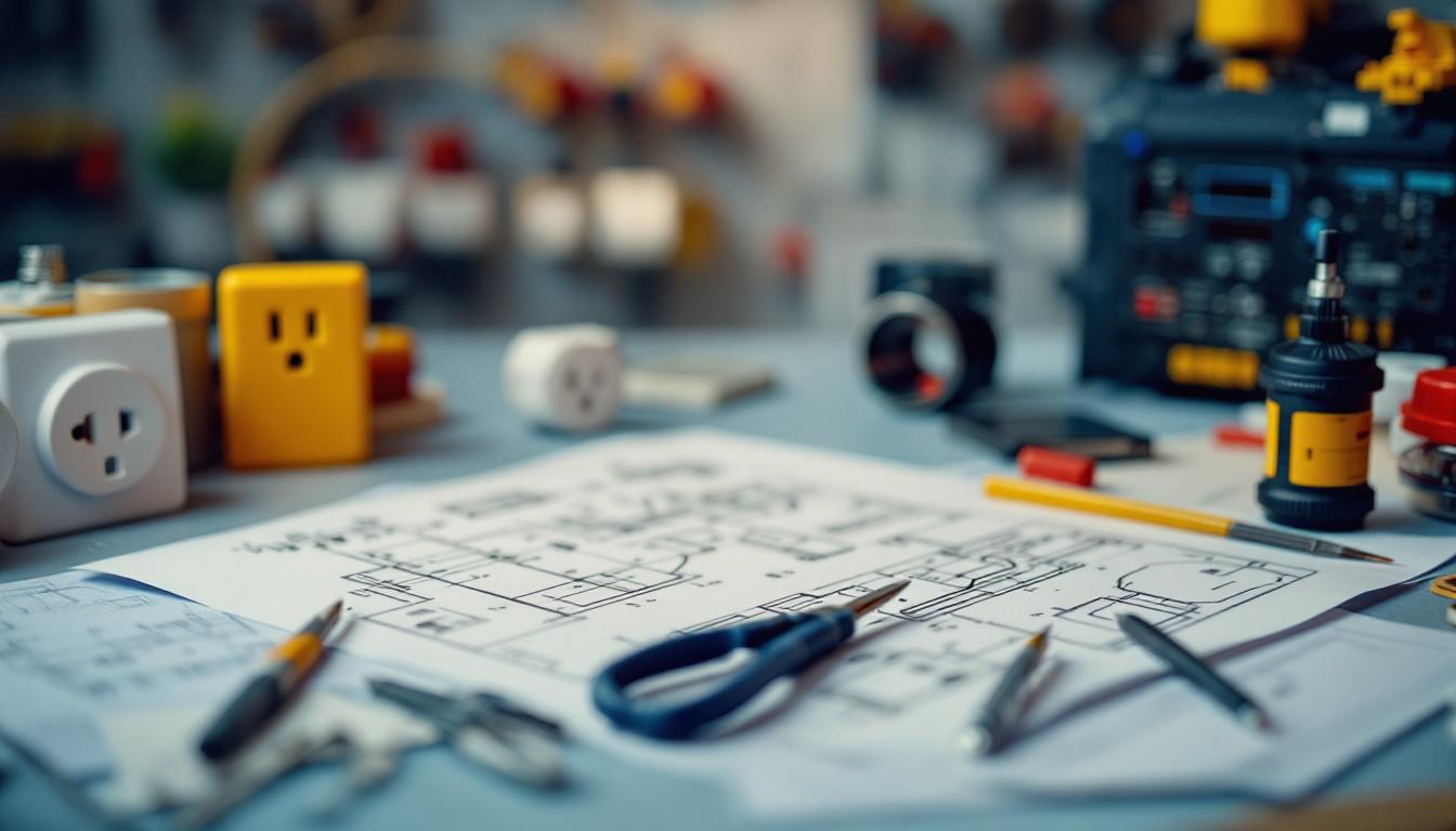 A photograph of a well-organized electrical workspace featuring various types of receptacles