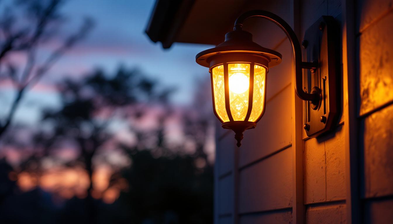 A photograph of a beautifully designed porch light illuminated at dusk