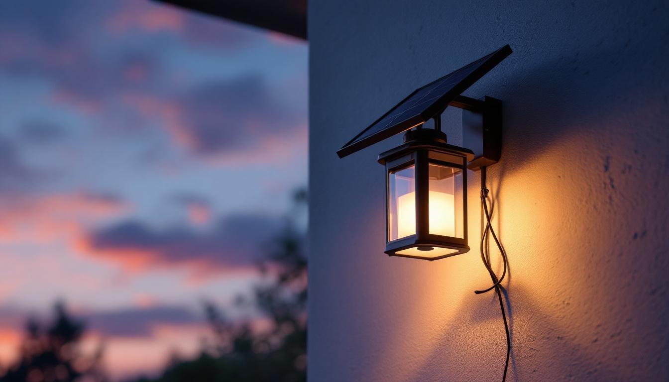 A photograph of a beautifully designed solar wall lantern installed on an exterior wall