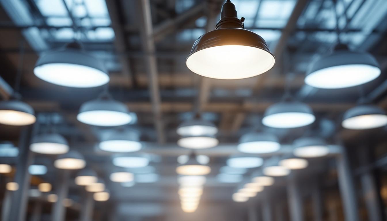 A photograph of a modern lighting installation in an industrial or commercial setting
