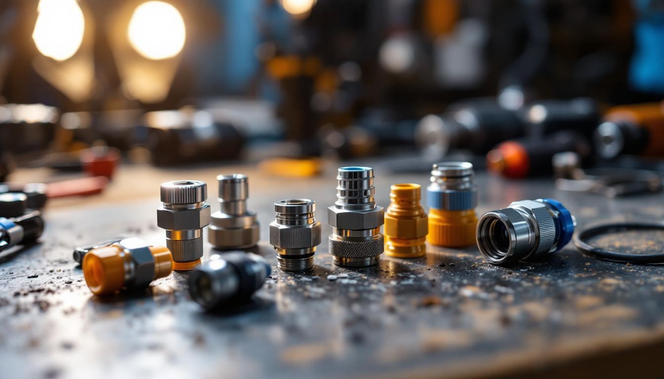 A photograph of a close-up shot of various waterproof wire connectors arranged on a workbench