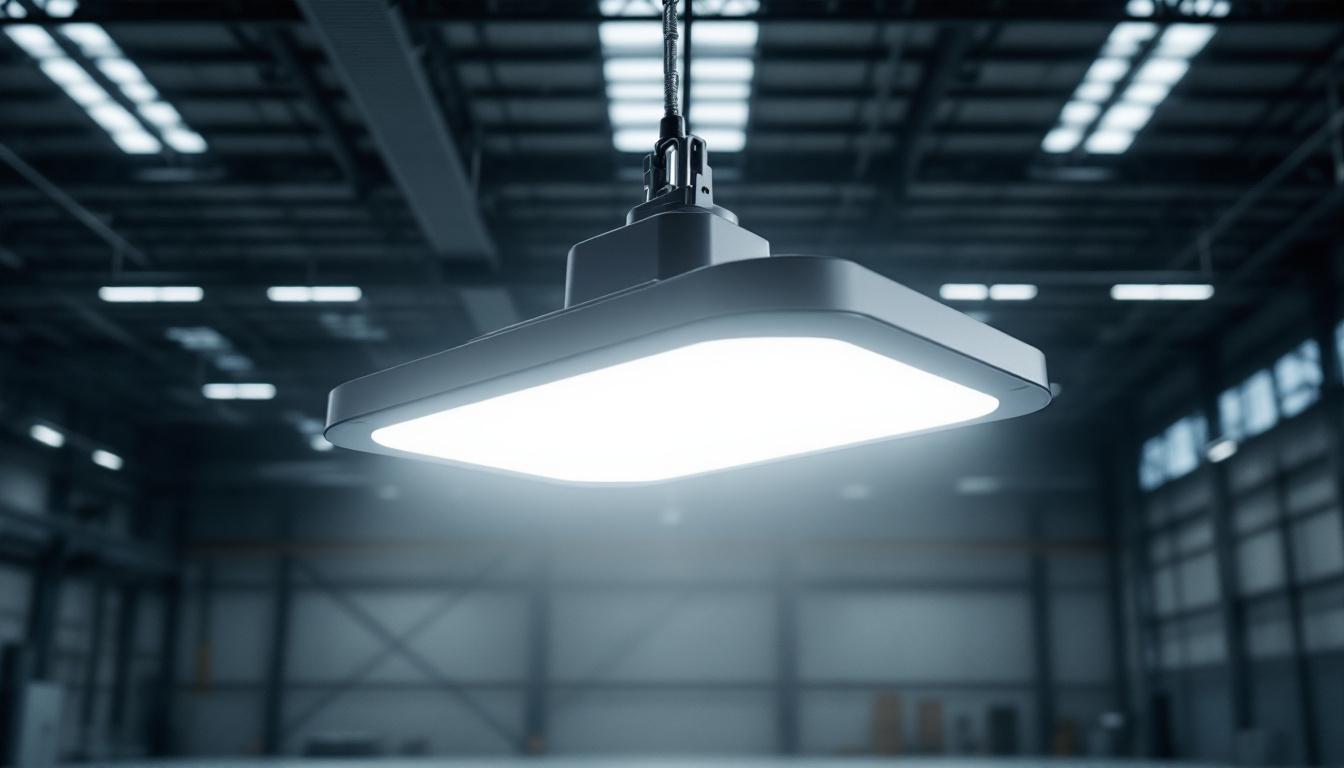 A photograph of a sleek and modern hyperlite high bay light fixture installed in a spacious industrial setting