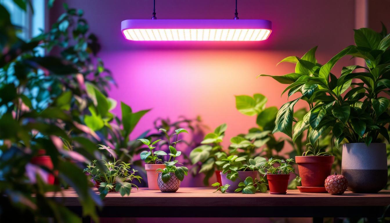 A photograph of a well-designed plant light fixture in a vibrant indoor garden setting