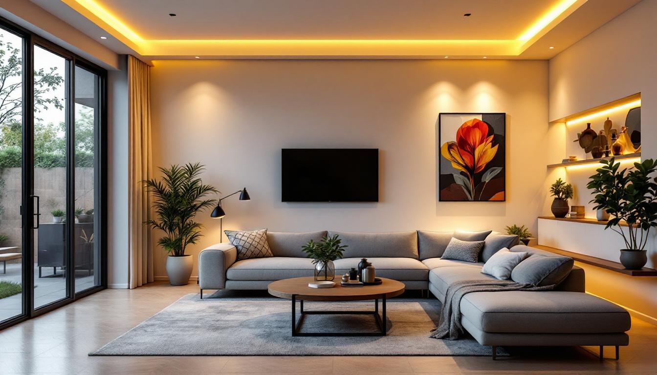 A photograph of a beautifully designed modern living space featuring sleek 4-inch remodel can lights illuminating the area