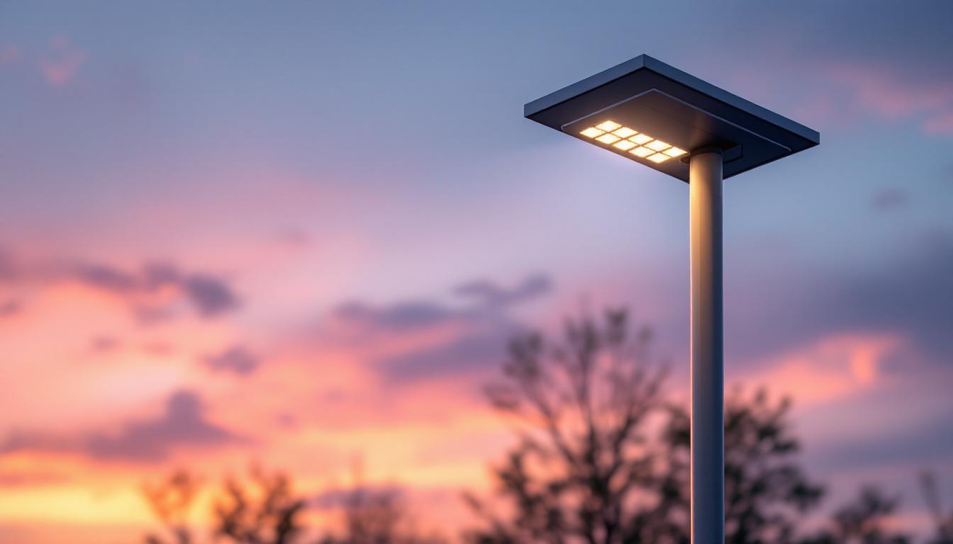 A photograph of a tall solar light post illuminated at dusk