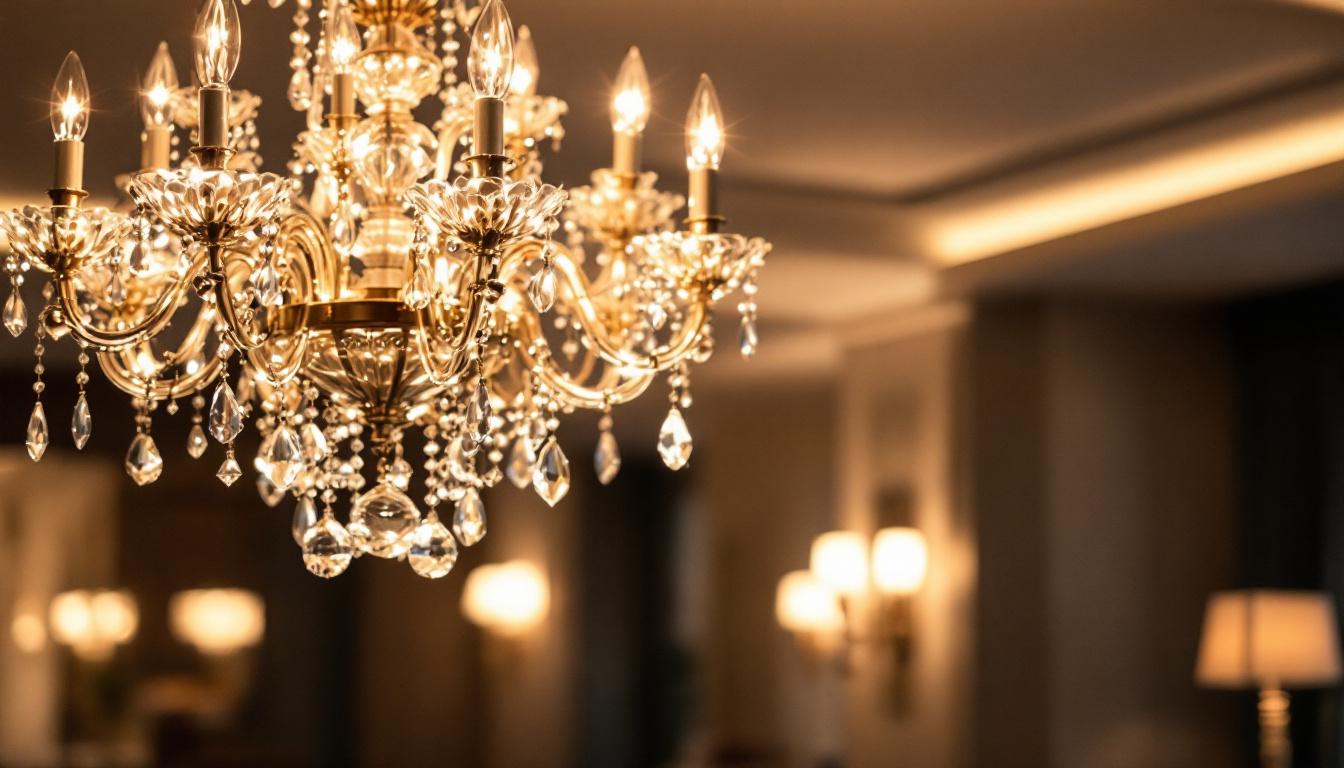 A photograph of a beautifully designed commercial chandelier illuminated in a stylish interior setting