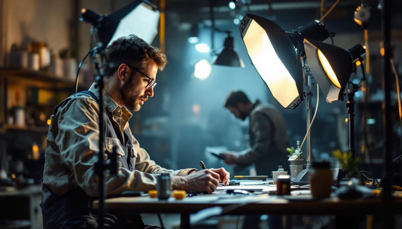 A photograph of a well-designed parabolic lighting setup in an engineering workspace